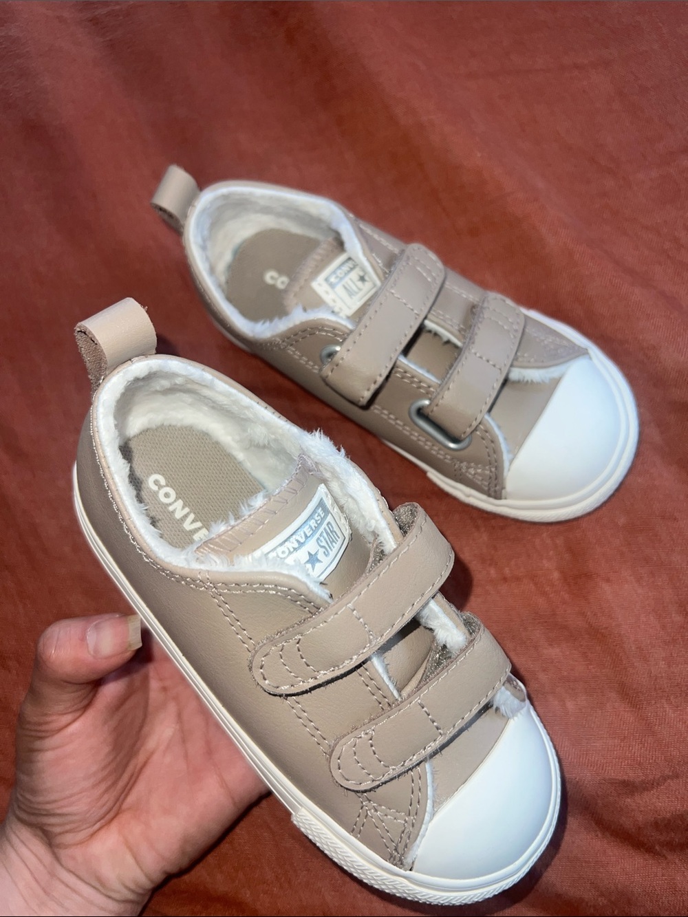 Converse Kids Taupe Sneakers with White Toe and Faux-Fur Lining NEW